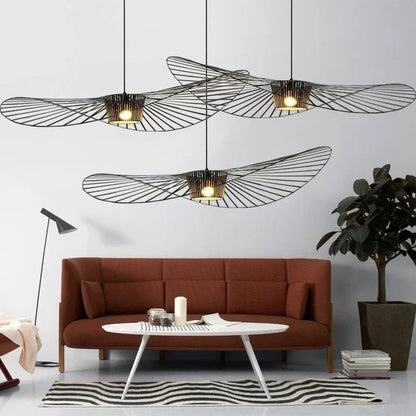 Black pendant lamp featuring a unique hat shape design, crafted from durable polyurethane and fiberglass, perfect for modern home decor. 1