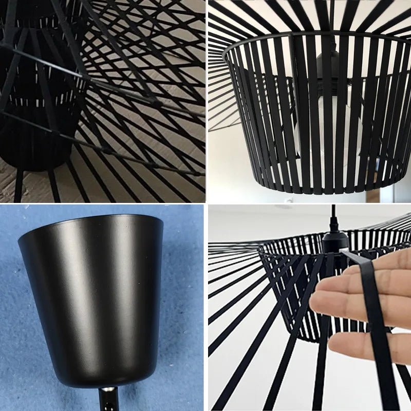 Black pendant lamp featuring a unique hat shape design, crafted from durable polyurethane and fiberglass, perfect for modern home decor. 4