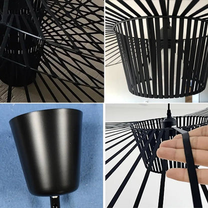 Black pendant lamp featuring a unique hat shape design, crafted from durable polyurethane and fiberglass, perfect for modern home decor. 4