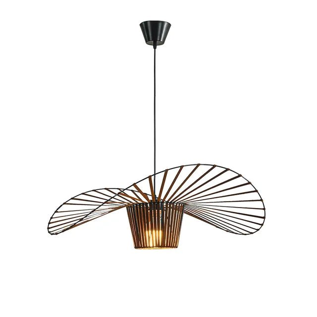 Black pendant lamp featuring a unique hat shape design, crafted from durable polyurethane and fiberglass, perfect for modern home decor. 7