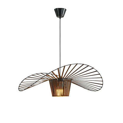 Black pendant lamp featuring a unique hat shape design, crafted from durable polyurethane and fiberglass, perfect for modern home decor. 7
