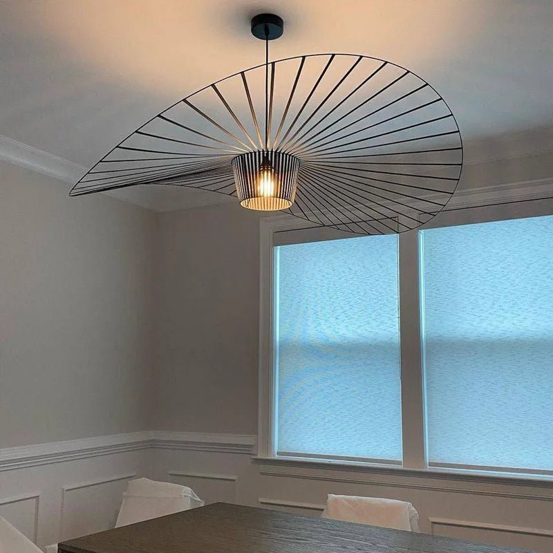 Black pendant lamp featuring a unique hat shape design, crafted from durable polyurethane and fiberglass, perfect for modern home decor. 2