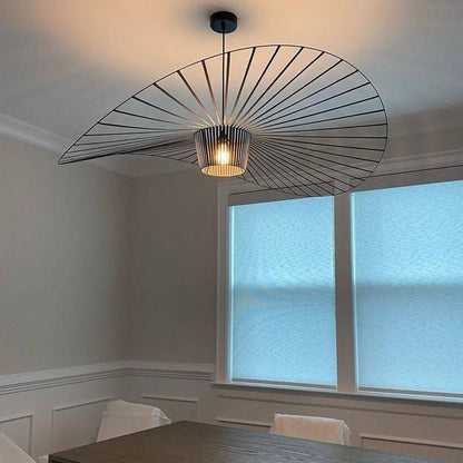 Black pendant lamp featuring a unique hat shape design, crafted from durable polyurethane and fiberglass, perfect for modern home decor. 2