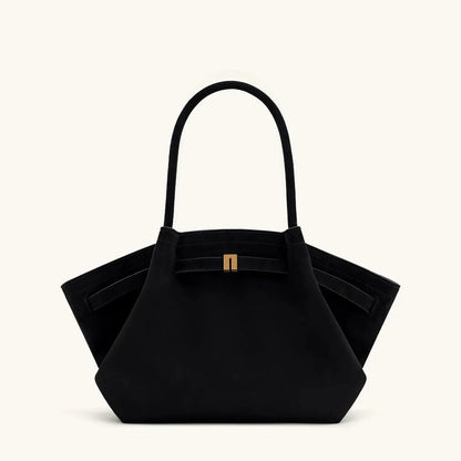 Elegant black shoulder bag with large capacity and adjustable straps, featuring a chic faux suede design for stylish women. 10