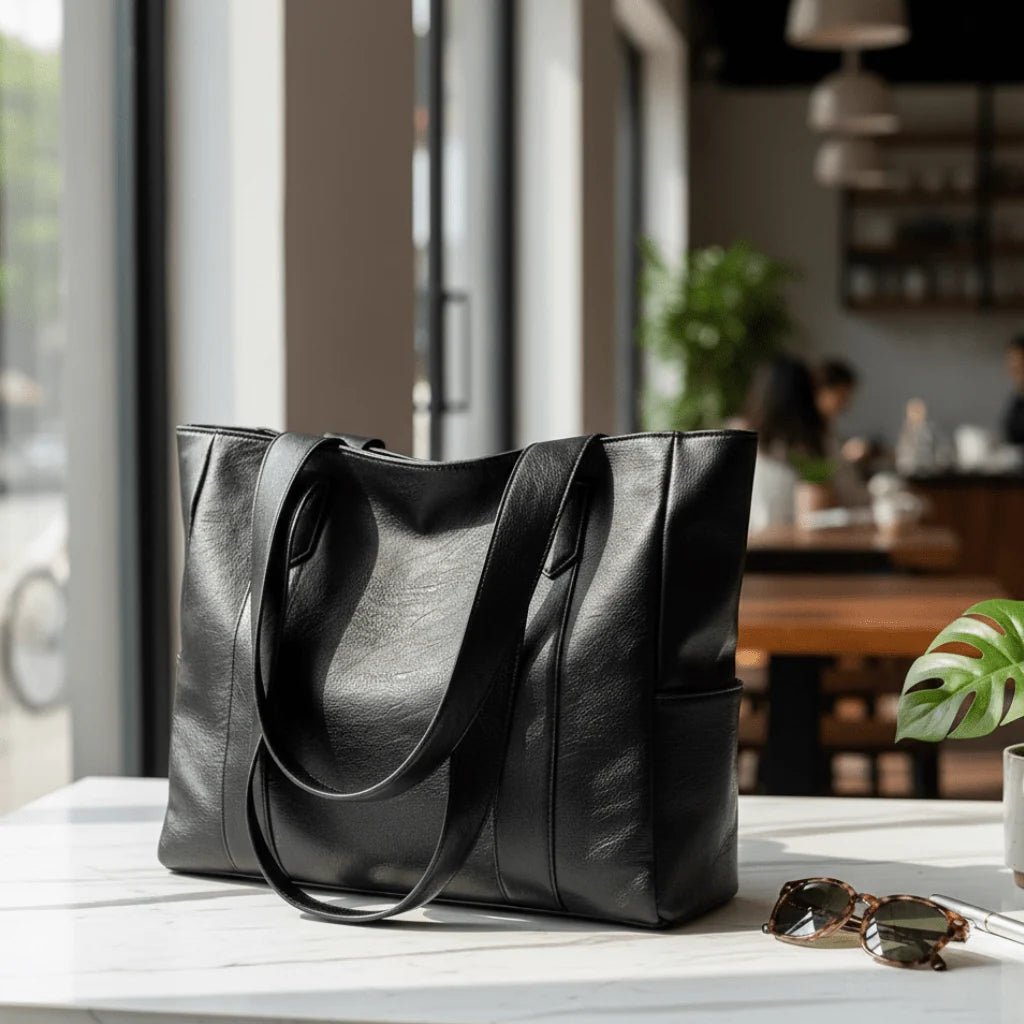 Black shoulder bag made of PU leather featuring organized storage compartments and a secure zip closure, designed for everyday use by women. 1