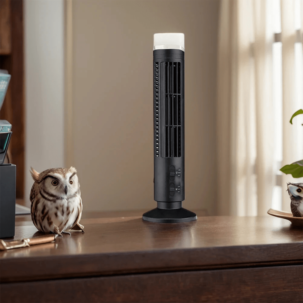 Bladeless cooling fan with LED tower design, featuring a portable 2-speed setting, ideal for desktop use and enhancing airflow without blades. 3