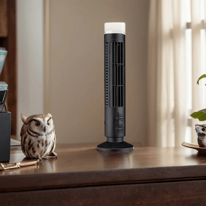 Bladeless cooling fan with LED tower design, featuring a portable 2-speed setting, ideal for desktop use and enhancing airflow without blades. 3