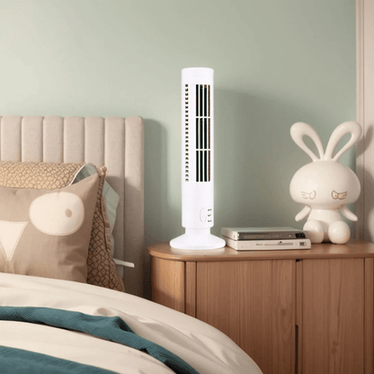 Bladeless cooling fan with LED tower design, featuring a portable 2-speed setting, ideal for desktop use and enhancing airflow without blades. 1