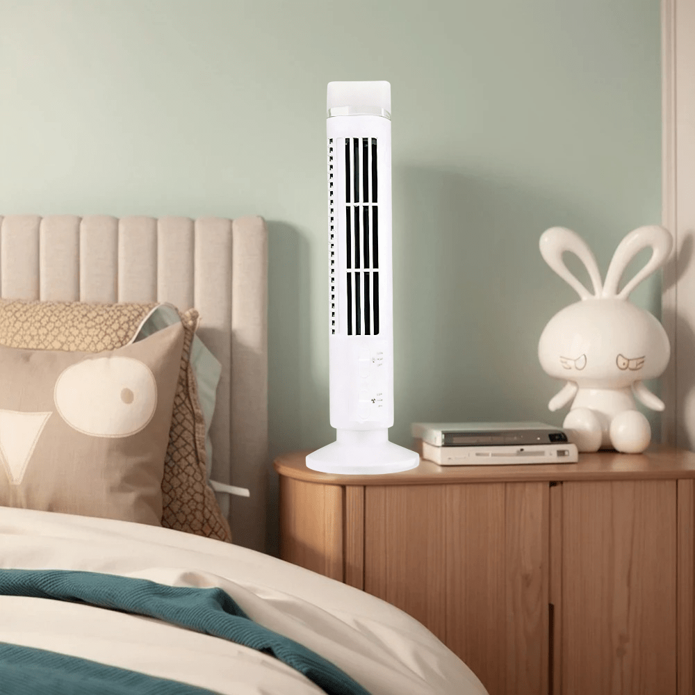 Bladeless cooling fan with LED tower design, featuring a portable 2-speed setting, ideal for desktop use and enhancing airflow without blades. 2