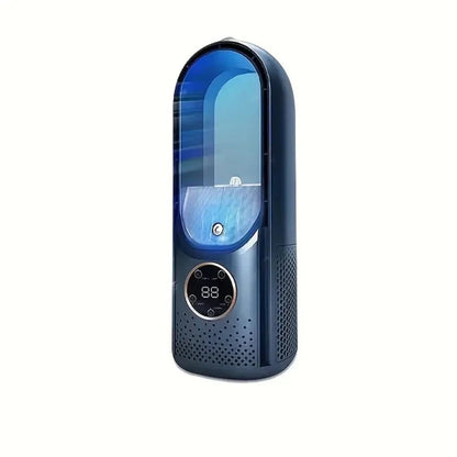 Bladeless fan in blue with 6-speed control and night light features, designed as a portable desktop air conditioner for comfortable cooling. 5