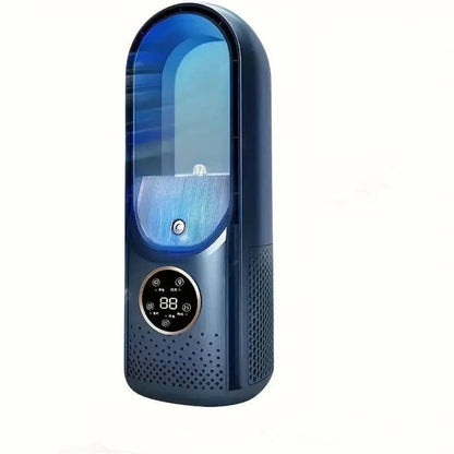 Bladeless fan in blue with 6-speed control and night light features, designed as a portable desktop air conditioner for comfortable cooling. 2