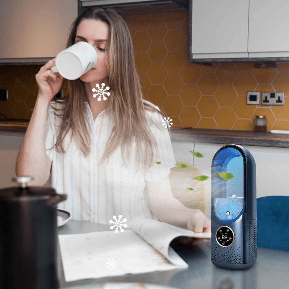 Bladeless fan in blue with 6-speed control and night light features, designed as a portable desktop air conditioner for comfortable cooling. 1