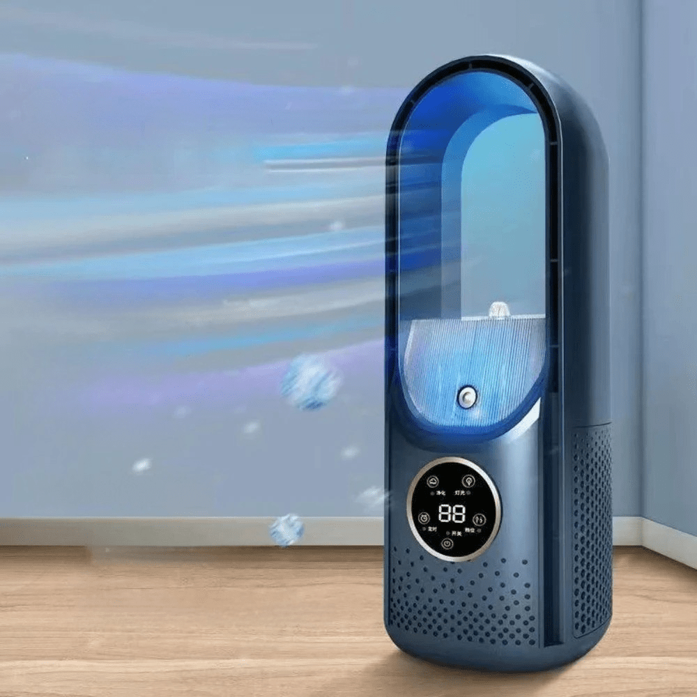 Bladeless fan in blue with 6-speed control and night light features, designed as a portable desktop air conditioner for comfortable cooling. 0