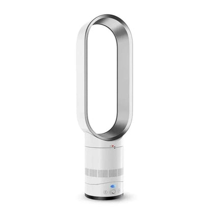 Bladeless tower fan in sleek silver and gold design featuring 10 adjustable speeds and wide oscillation for optimal airflow and modern home aesthetics. 4
