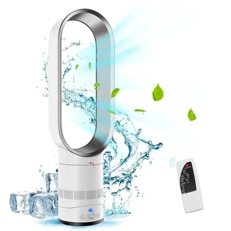 Bladeless tower fan in sleek silver and gold design featuring 10 adjustable speeds and wide oscillation for optimal airflow and modern home aesthetics. 0