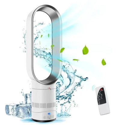 Bladeless tower fan in sleek silver and gold design featuring 10 adjustable speeds and wide oscillation for optimal airflow and modern home aesthetics. 0
