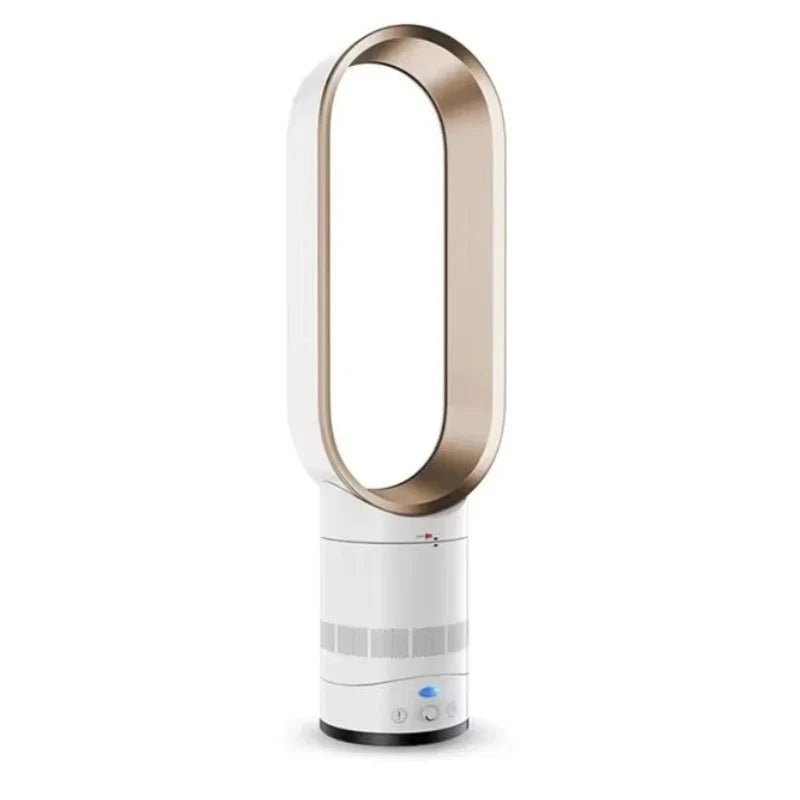 Bladeless tower fan in sleek silver and gold design featuring 10 adjustable speeds and wide oscillation for optimal airflow and modern home aesthetics. 5
