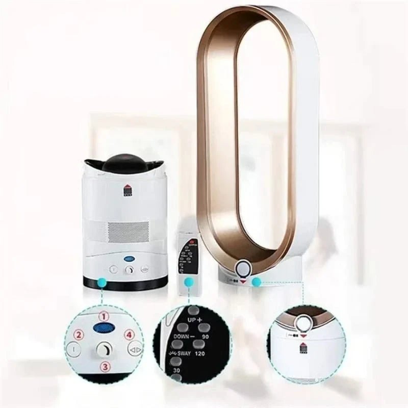 Bladeless tower fan in sleek silver and gold design featuring 10 adjustable speeds and wide oscillation for optimal airflow and modern home aesthetics. 2