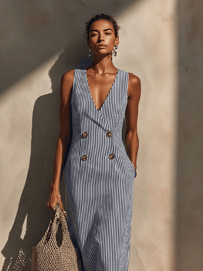 Blazer-style maxi dress featuring double-breasted gold buttons and nautical stripes, made from soft breathable fabric for a stylish and comfortable look. 0