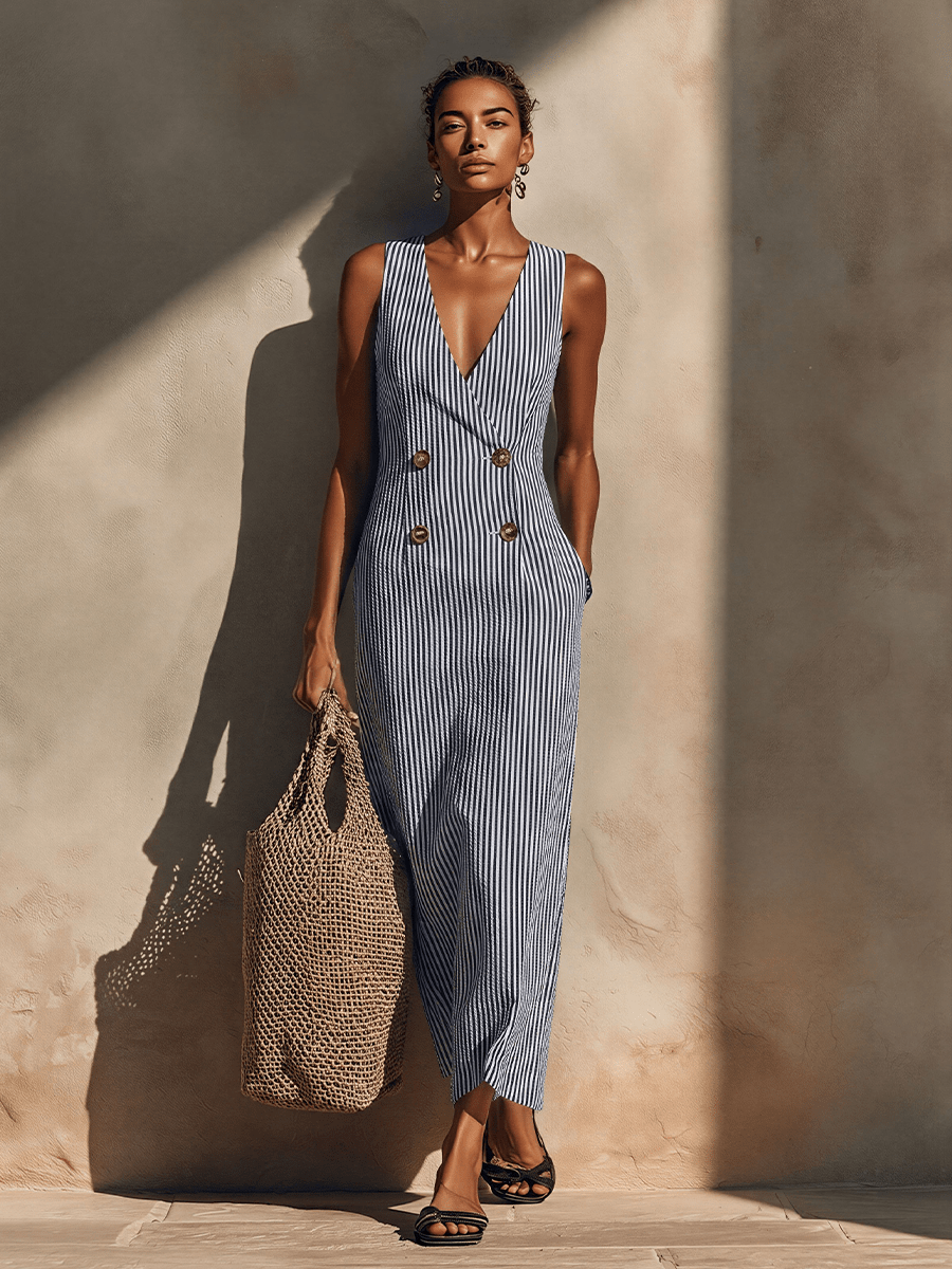 Blazer-style maxi dress featuring double-breasted gold buttons and nautical stripes, made from soft breathable fabric for a stylish and comfortable look. 2