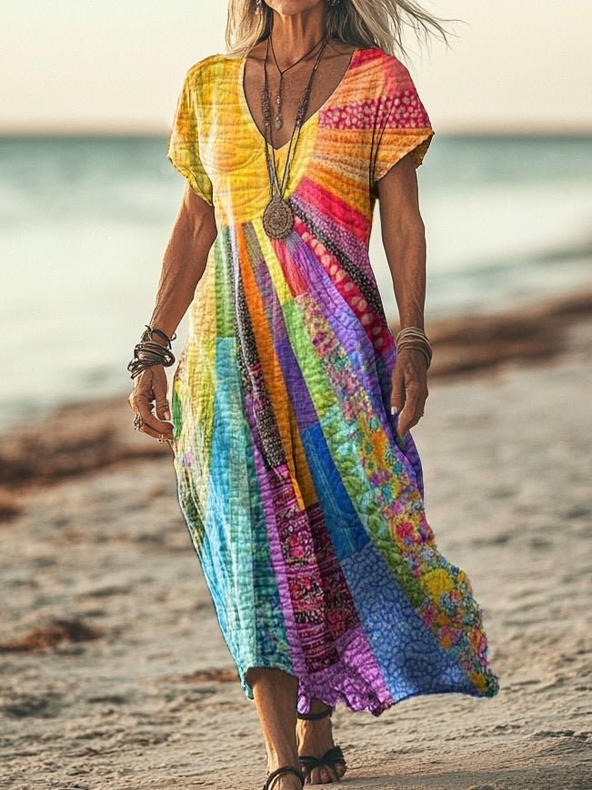 Bohemian sun dress for women featuring long sleeves and a flattering V-neck, made from a breathable cotton-linen blend, perfect for warm weather outings. 0