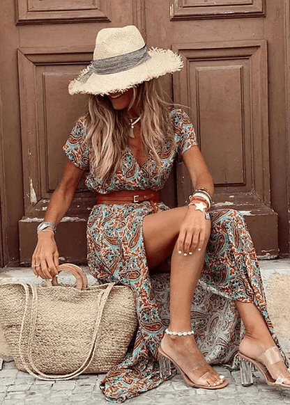 Boho maxi dress featuring a lightweight floral design and a matching belt, perfect for summer events. 6