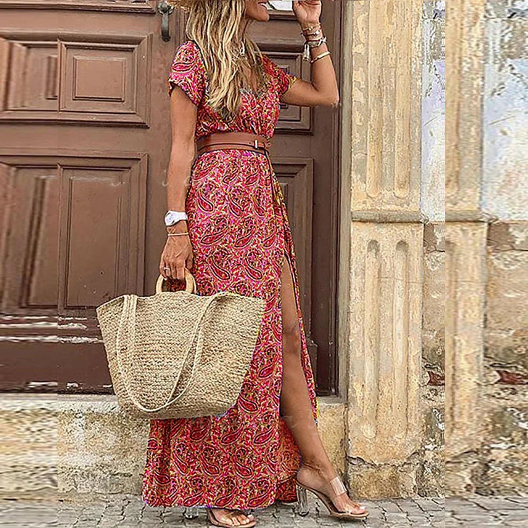 Boho maxi dress featuring a lightweight floral design and a matching belt, perfect for summer events. 3