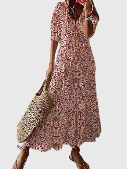 Boho vintage summer dress featuring a flattering V-neckline, lightweight fabric, and versatile design perfect for casual outings or beach days. 3