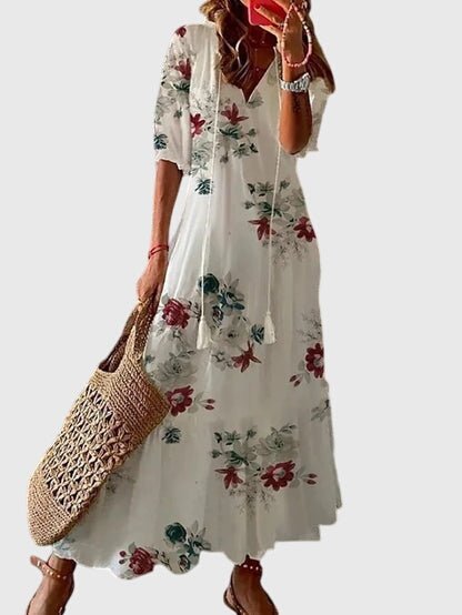 Boho vintage summer dress featuring a flattering V-neckline, lightweight fabric, and versatile design perfect for casual outings or beach days. 5