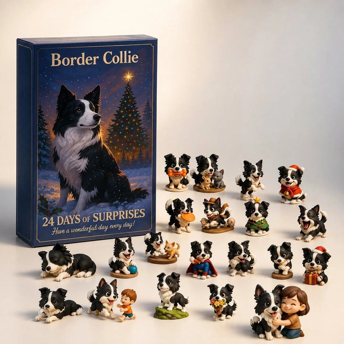 Border Collie Advent Calendar 2026 featuring 24 durable plastic figurines for a festive holiday countdown.

 6
