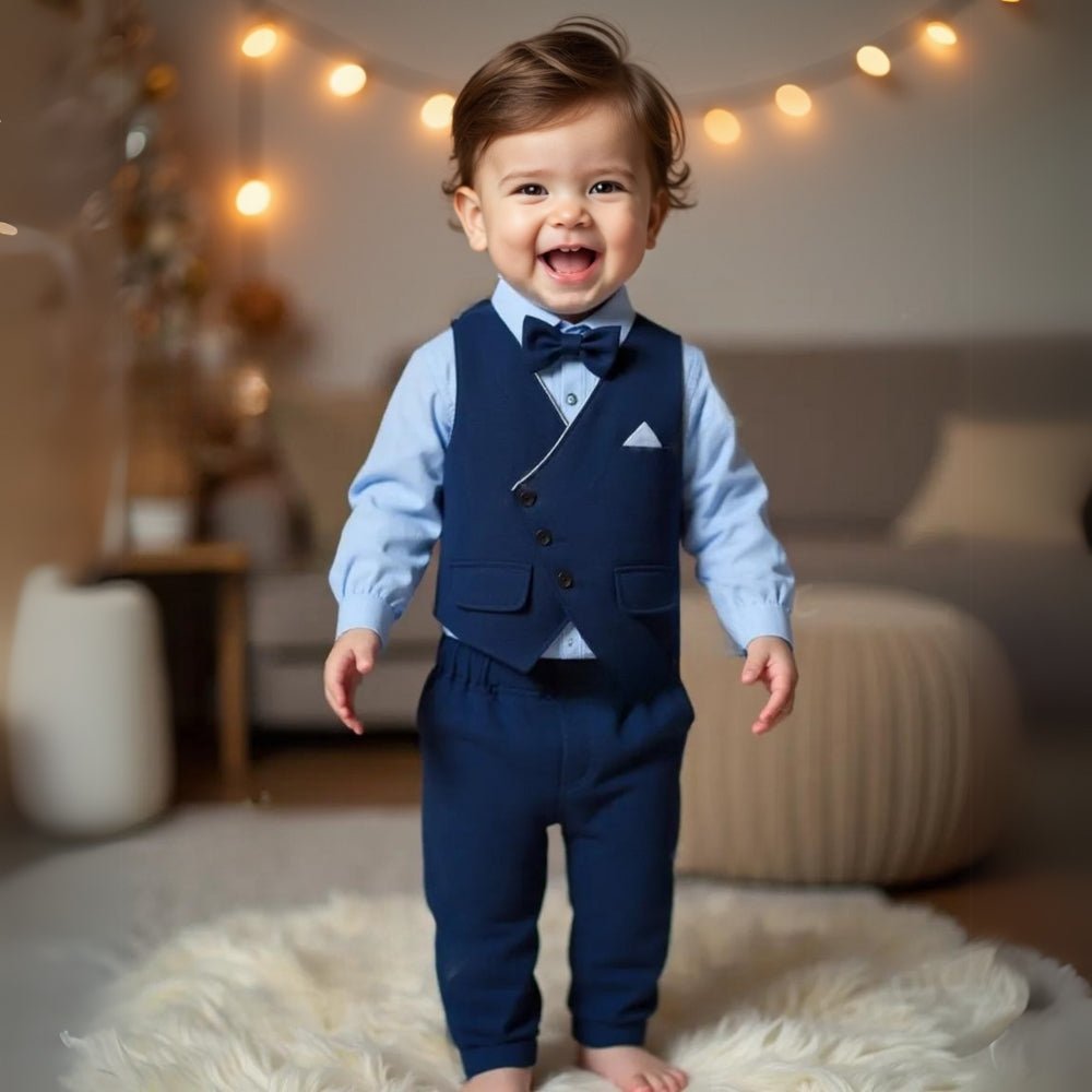Boys 3-piece suit set featuring a light blue cotton shirt, matching trousers, a stylish waistcoat, and a bow tie, perfect for formal 0