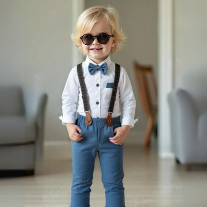 Boys 3-piece suit set featuring a light blue cotton shirt, matching trousers, a stylish waistcoat, and a bow tie, perfect for formal 11