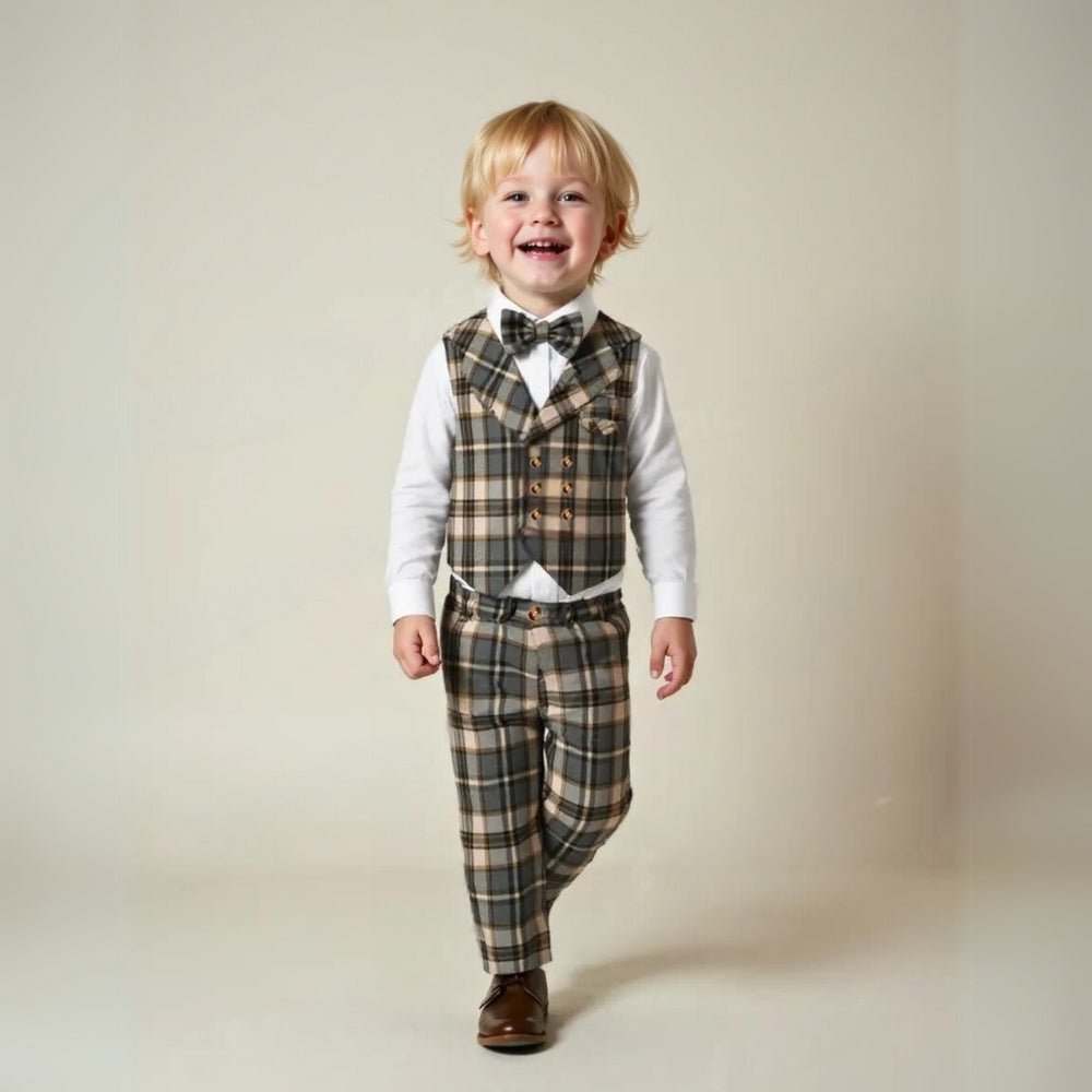 Boys 3-piece suit set featuring a light blue cotton shirt, matching trousers, a stylish waistcoat, and a bow tie, perfect for formal 10
