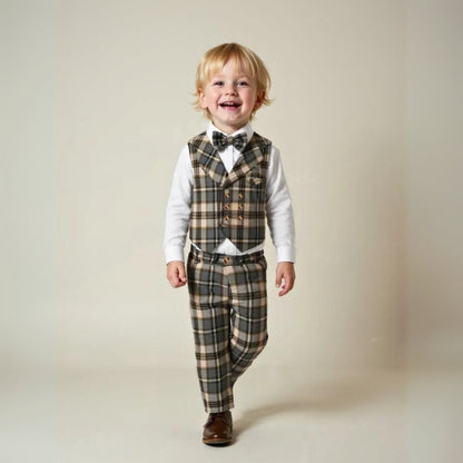 Boys 3-piece suit set featuring a light blue cotton shirt, matching trousers, a stylish waistcoat, and a bow tie, perfect for formal 10
