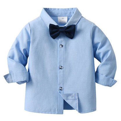 Boys 3-piece suit set featuring a light blue cotton shirt, matching trousers, a stylish waistcoat, and a bow tie, perfect for formal 2