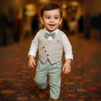 Boys 3-piece suit set featuring a light blue cotton shirt, matching trousers, a stylish waistcoat, and a bow tie, perfect for formal 9