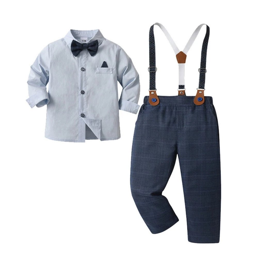Boys 3-piece suit set featuring a light blue cotton shirt, matching trousers, a stylish waistcoat, and a bow tie, perfect for formal 6