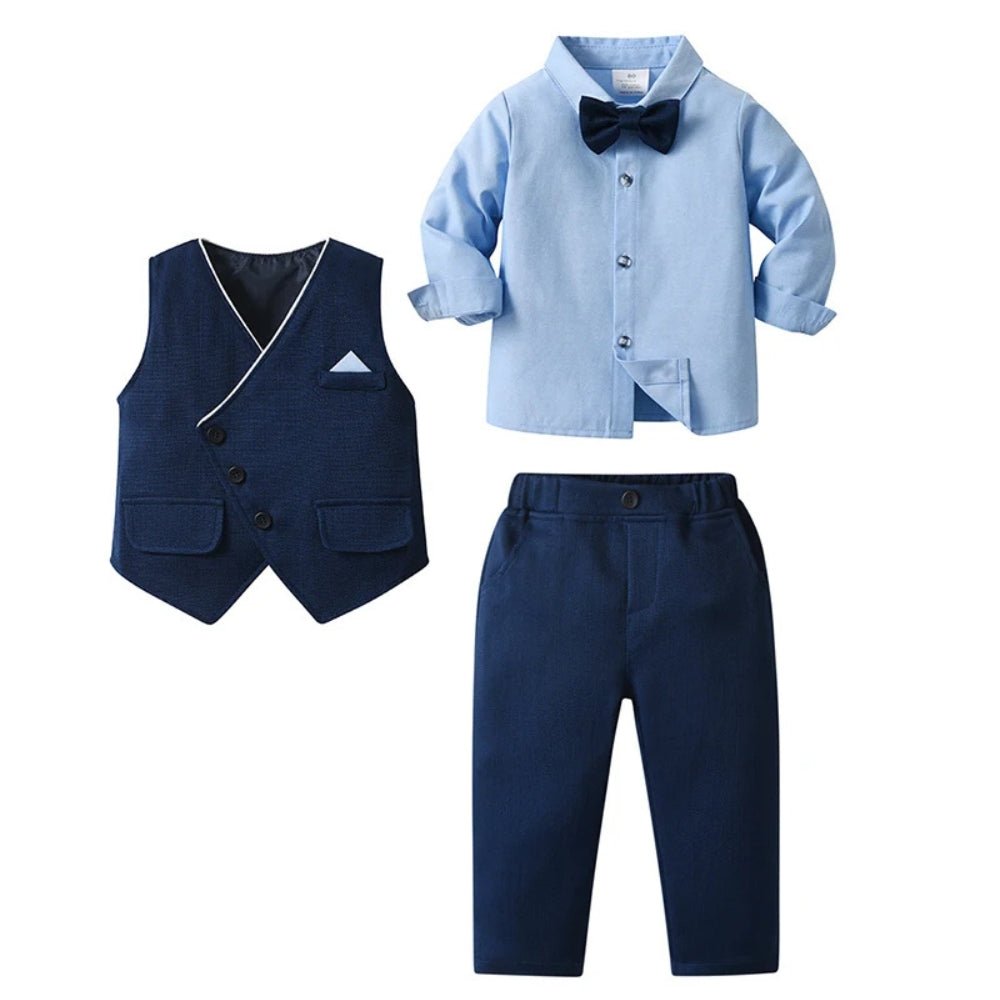 Boys 3-piece suit set featuring a light blue cotton shirt, matching trousers, a stylish waistcoat, and a bow tie, perfect for formal 1