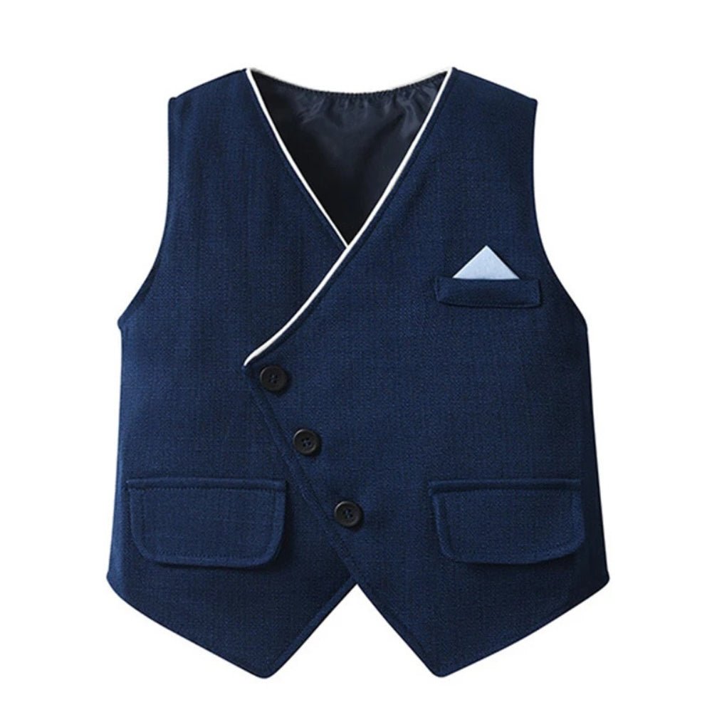 Boys 3-piece suit set featuring a light blue cotton shirt, matching trousers, a stylish waistcoat, and a bow tie, perfect for formal 3