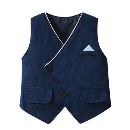 Boys 3-piece suit set featuring a light blue cotton shirt, matching trousers, a stylish waistcoat, and a bow tie, perfect for formal 3