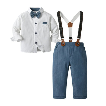 Boys 3-piece suit set featuring a light blue cotton shirt, matching trousers, a stylish waistcoat, and a bow tie, perfect for formal 8
