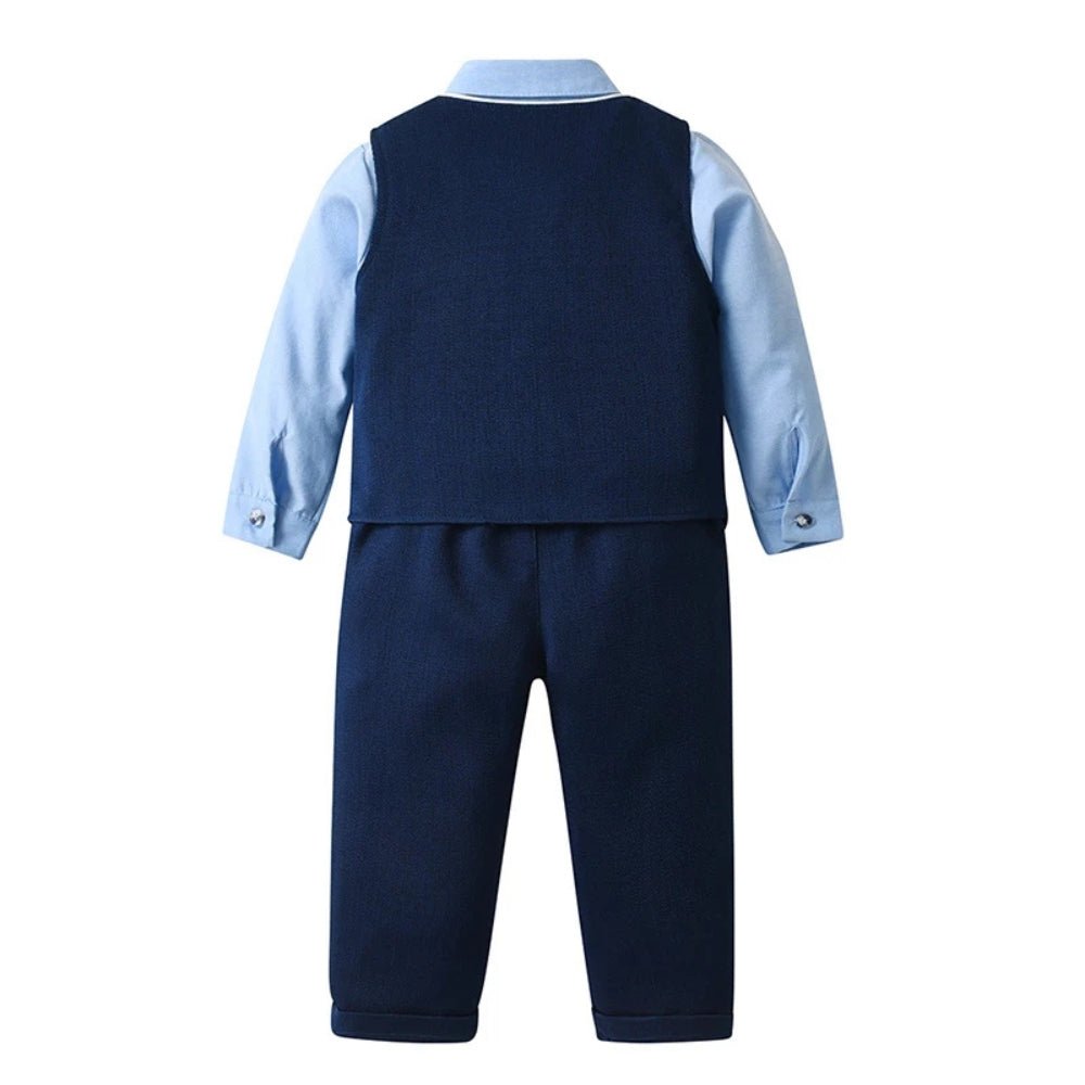Boys 3-piece suit set featuring a light blue cotton shirt, matching trousers, a stylish waistcoat, and a bow tie, perfect for formal 5