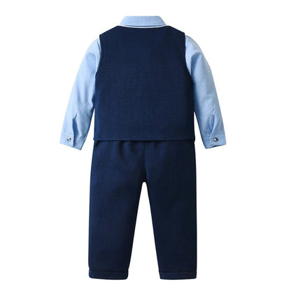 Boys 3-piece suit set featuring a light blue cotton shirt, matching trousers, a stylish waistcoat, and a bow tie, perfect for formal 5