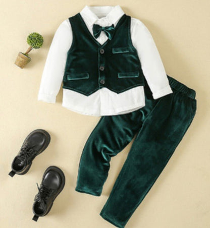 Boys 3-piece suit set featuring a light blue cotton shirt, matching trousers, a stylish waistcoat, and a bow tie, perfect for formal 15