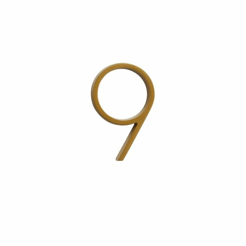 Elegant brass house numbers with a satin finish, designed for floating or flat installation, featuring a weather-resistant design for durability and style. 9