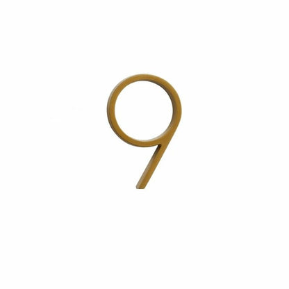 Elegant brass house numbers with a satin finish, designed for floating or flat installation, featuring a weather-resistant design for durability and style. 9