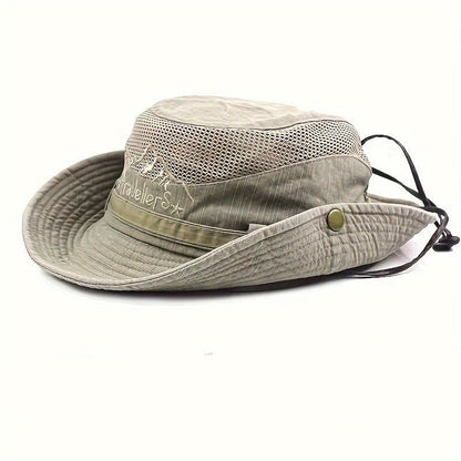 Breathable outdoor sun hat featuring UV protection, adjustable drawstring, and lightweight cotton mesh design for comfort and sun safety. 1