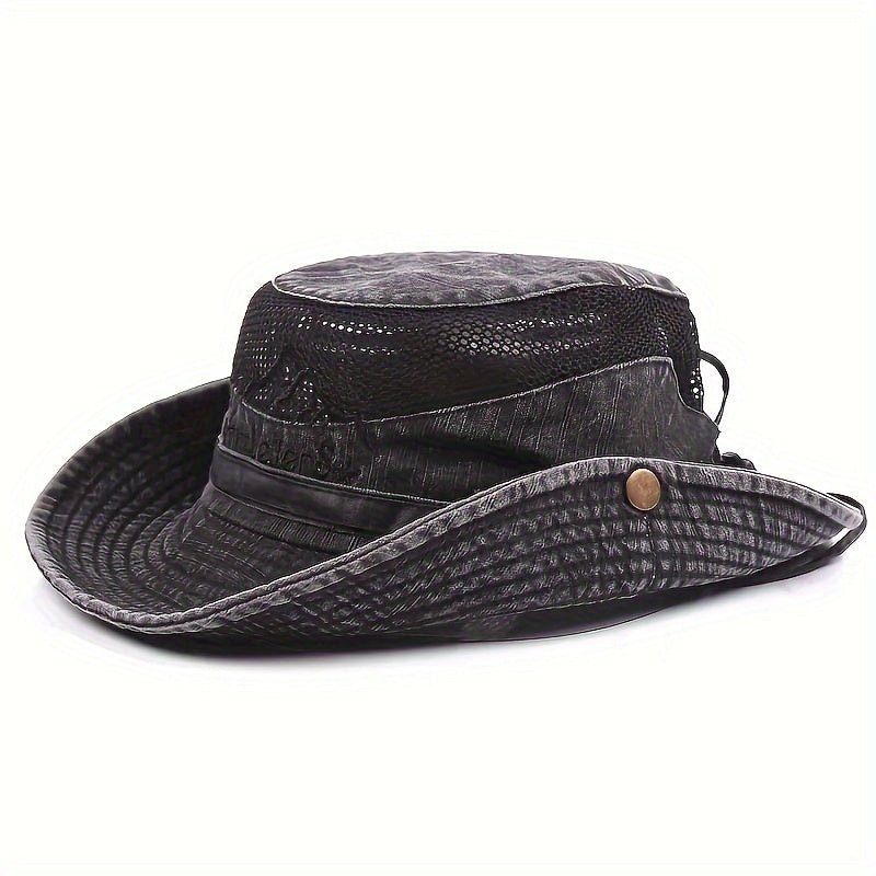 Breathable outdoor sun hat featuring UV protection, adjustable drawstring, and lightweight cotton mesh design for comfort and sun safety. 5
