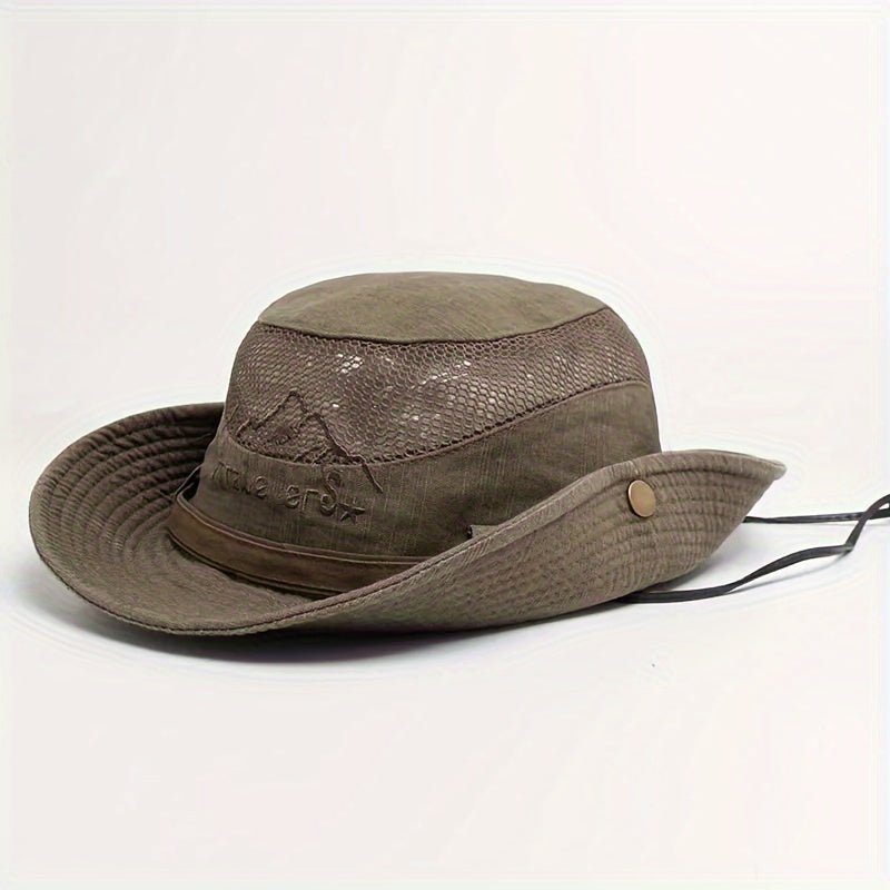 Breathable outdoor sun hat featuring UV protection, adjustable drawstring, and lightweight cotton mesh design for comfort and sun safety. 4