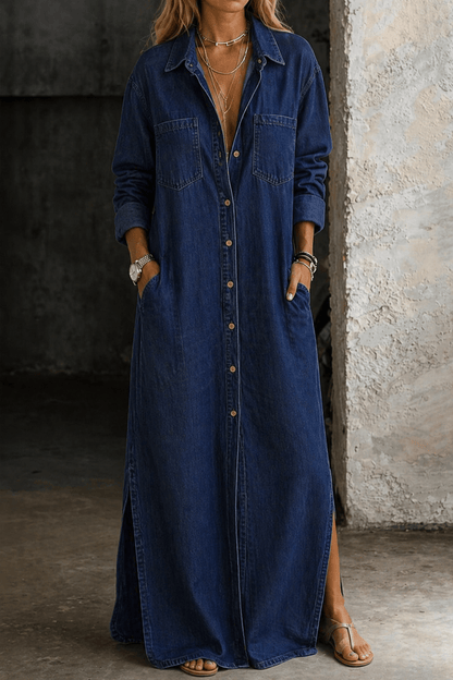 Button down dress with a relaxed fit, showcasing effortless casual style, perfect for everyday wear and versatile occasions. 4